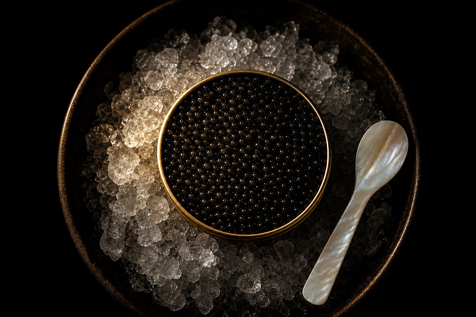 Geöffnete Dose glänzenden schwarzen Kaviars auf Eis mit einem Perlmuttlöffel