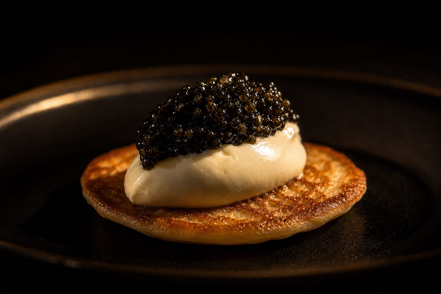 Blini mit einer Nocke Crème fraîche und einem Löffel glänzenden schwarzen Kaviars