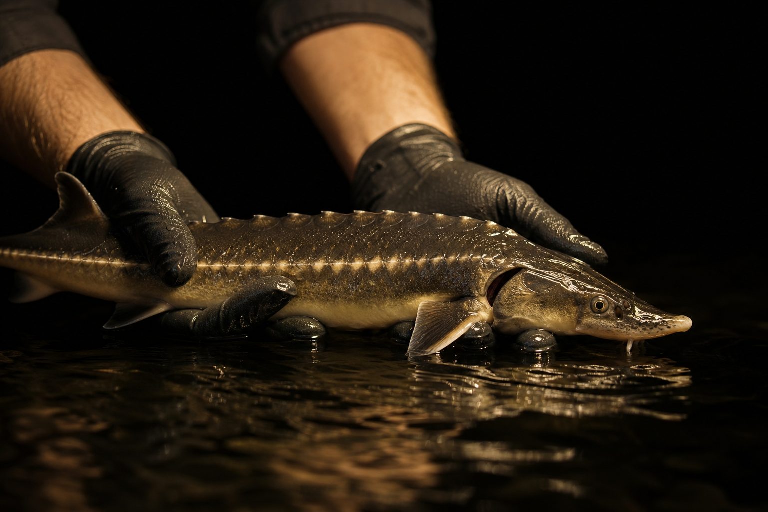 Behandschuhte Hände setzen einen lebenden Stör behutsam zurück ins Wasser