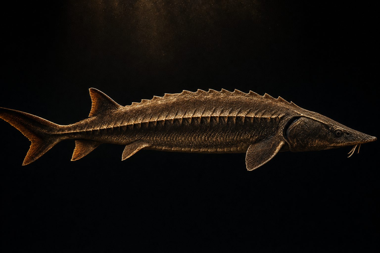 Profilstudie eines Störs vor dunklem Wasser