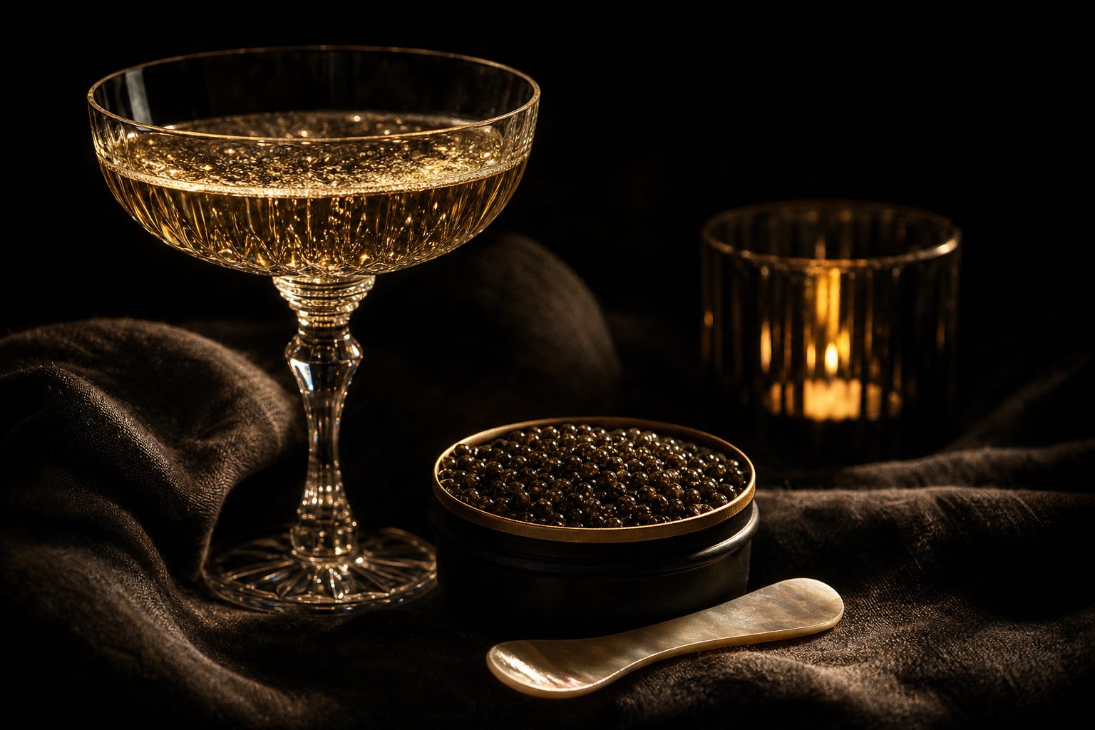 Champagner und eine Dose Kaviar mit Perlmuttlöffel auf dunklem Leinen